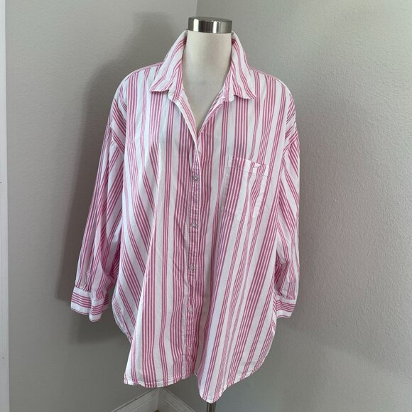 Old Navy Womens Plus 2X Boyfriend Shirt Pink White Striped Button Up Oversized - Picture 1 of 9